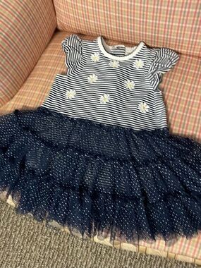 Little Me Navy and White Striped Daisy Dress